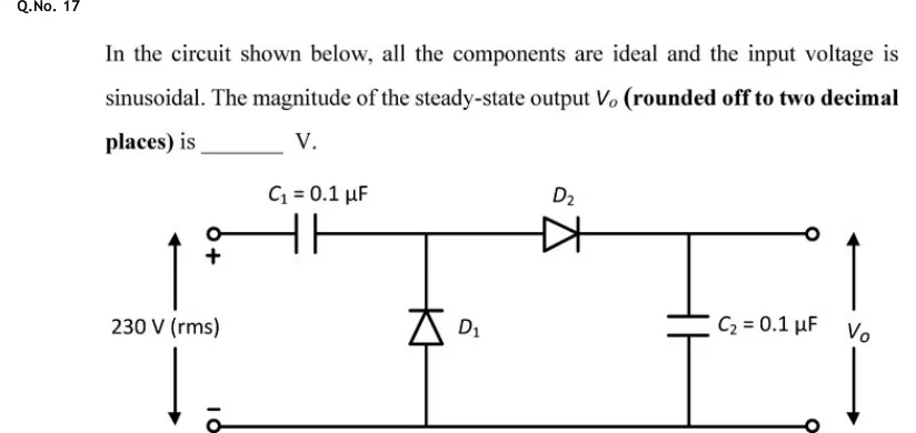 GATE 2020 EC question 17: A two-stage diode-capacitor circuit (a half-wave voltage doubler).