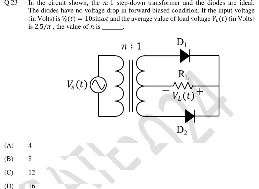 GATE 2024 EC question 23: Center-tapped full-wave rectifier.