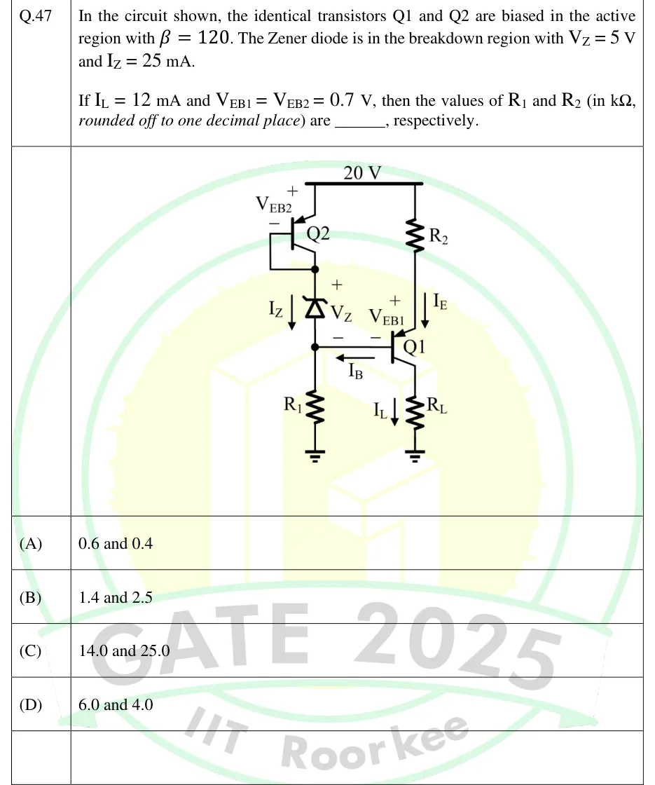 GATE 2025 EC question 47: A +20 V supply rail runs across the top.