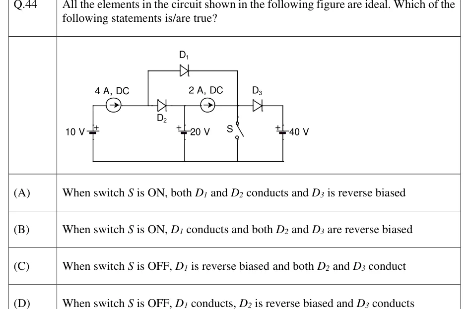 GATE 2023 EE question 44: A common bottom rail (ground) joins the negative terminals of three DC voltage sources and the lower contact of a switch.