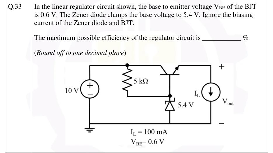 GATE 2026 EE question 33: Series-pass (emitter-follower) linear regulator.