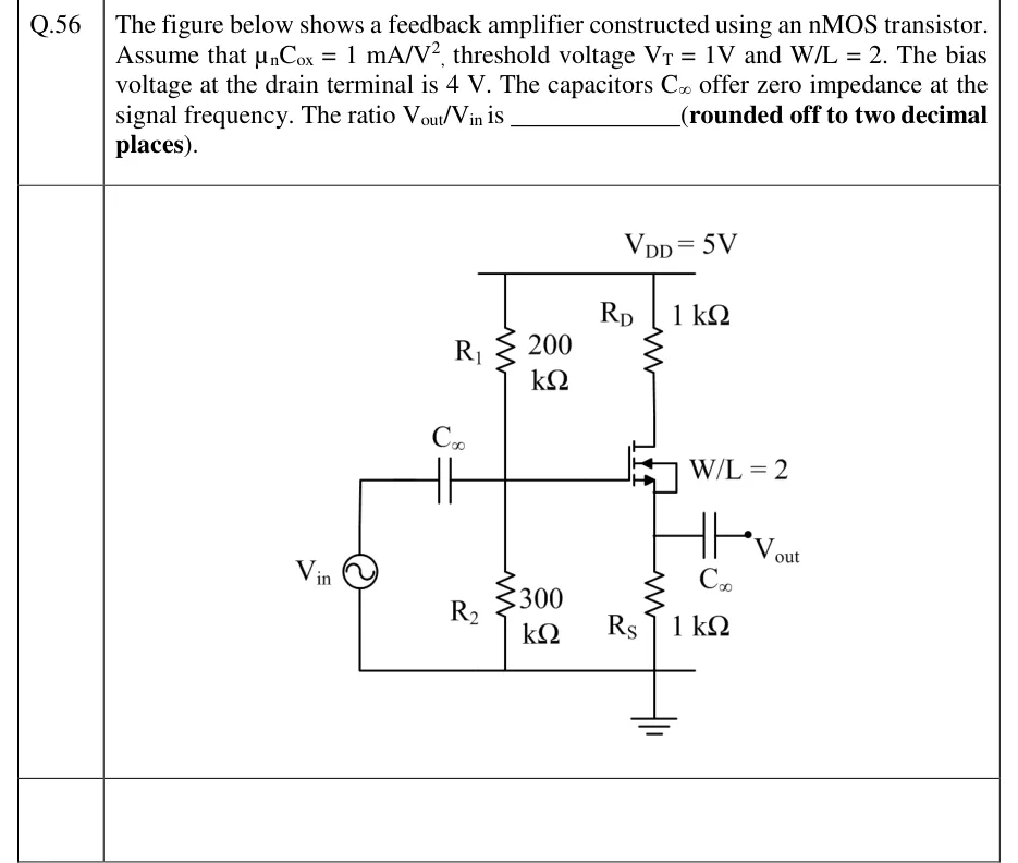 GATE 2023 IN question 56: A single enhancement nMOS stage with supply V_DD = 5 V at the top rail.