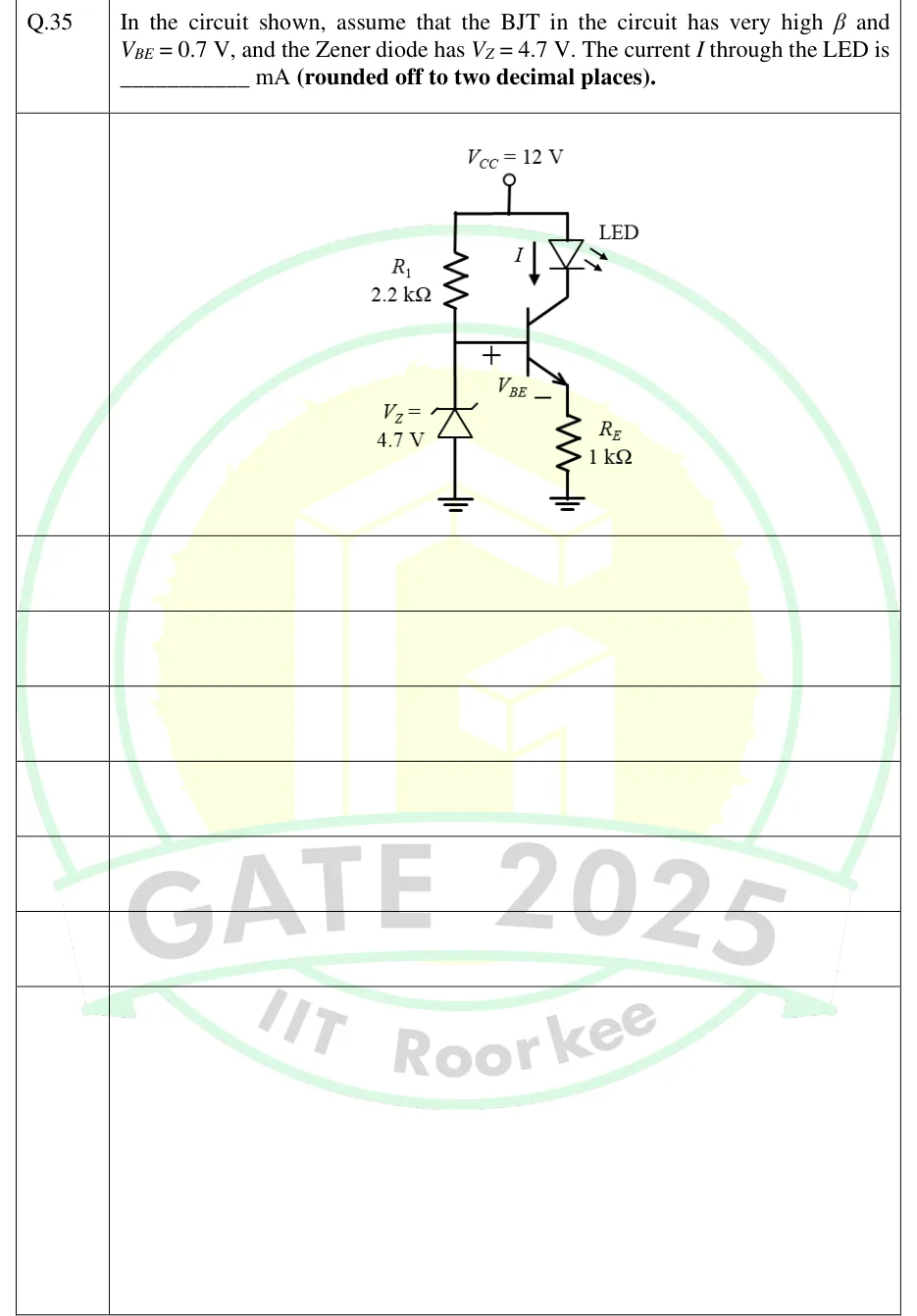 GATE 2025 IN question 35: A supply node V_CC = 12 V at the top feeds a horizontal rail.