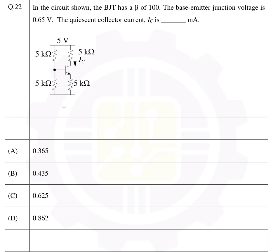 GATE 2026 IN question 22: Voltage-divider bias of an NPN BJT from a single 5 V supply.