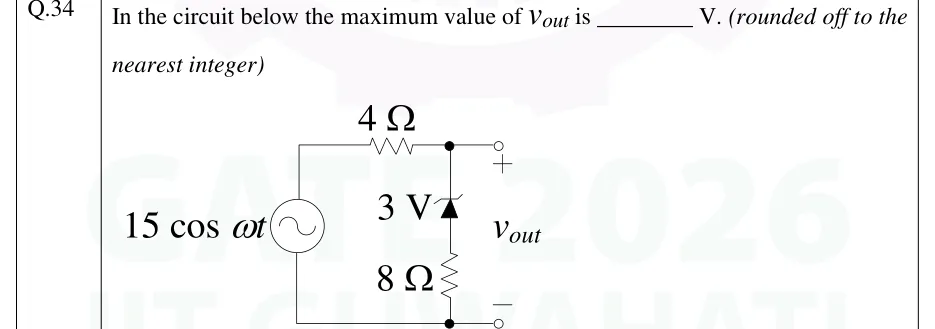 GATE 2026 IN question 34: An AC source 15 cos ω t (sinusoidal source symbol) on the left;